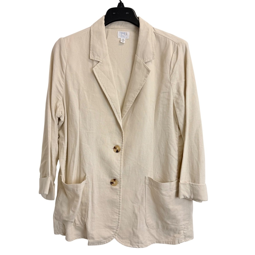 Time and Tru Womens Linen Blend Blazer Beige 2 Button Patch Pocket Jacket M 8-10